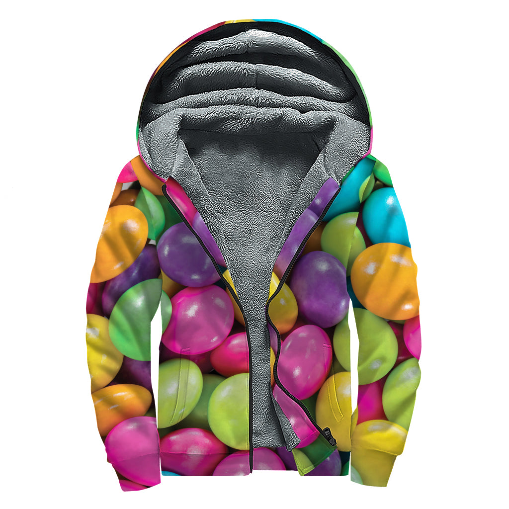 Colorful Chocolate Candy Print Sherpa Lined Zip Up Hoodie
