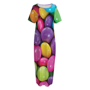 Colorful Chocolate Candy Print Short Sleeve Long Nightdress