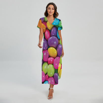 Colorful Chocolate Candy Print Short Sleeve Maxi Dress