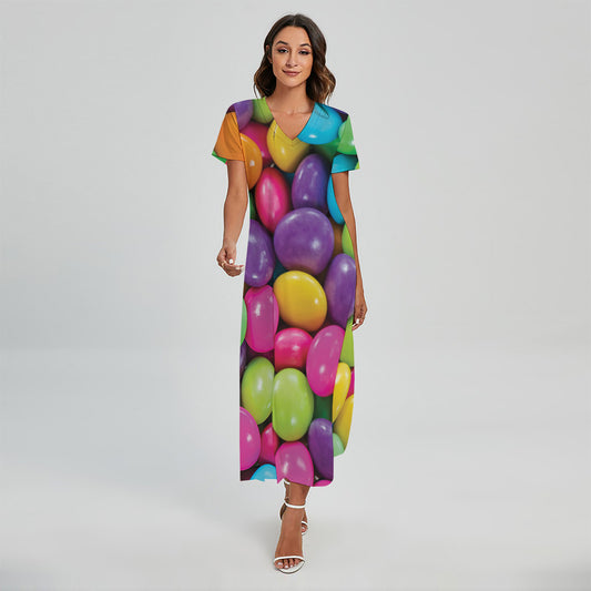 Colorful Chocolate Candy Print Short Sleeve Maxi Dress