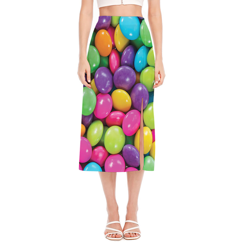 Colorful Chocolate Candy Print Side Slit Midi Skirt