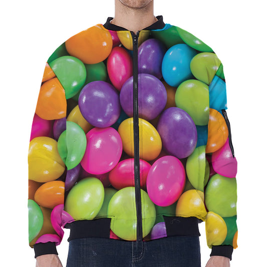 Colorful Chocolate Candy Print Zip Sleeve Bomber Jacket