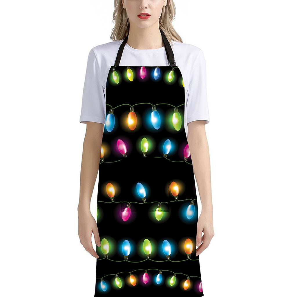 Colorful Christmas Lights Print Bib Apron With Pocket