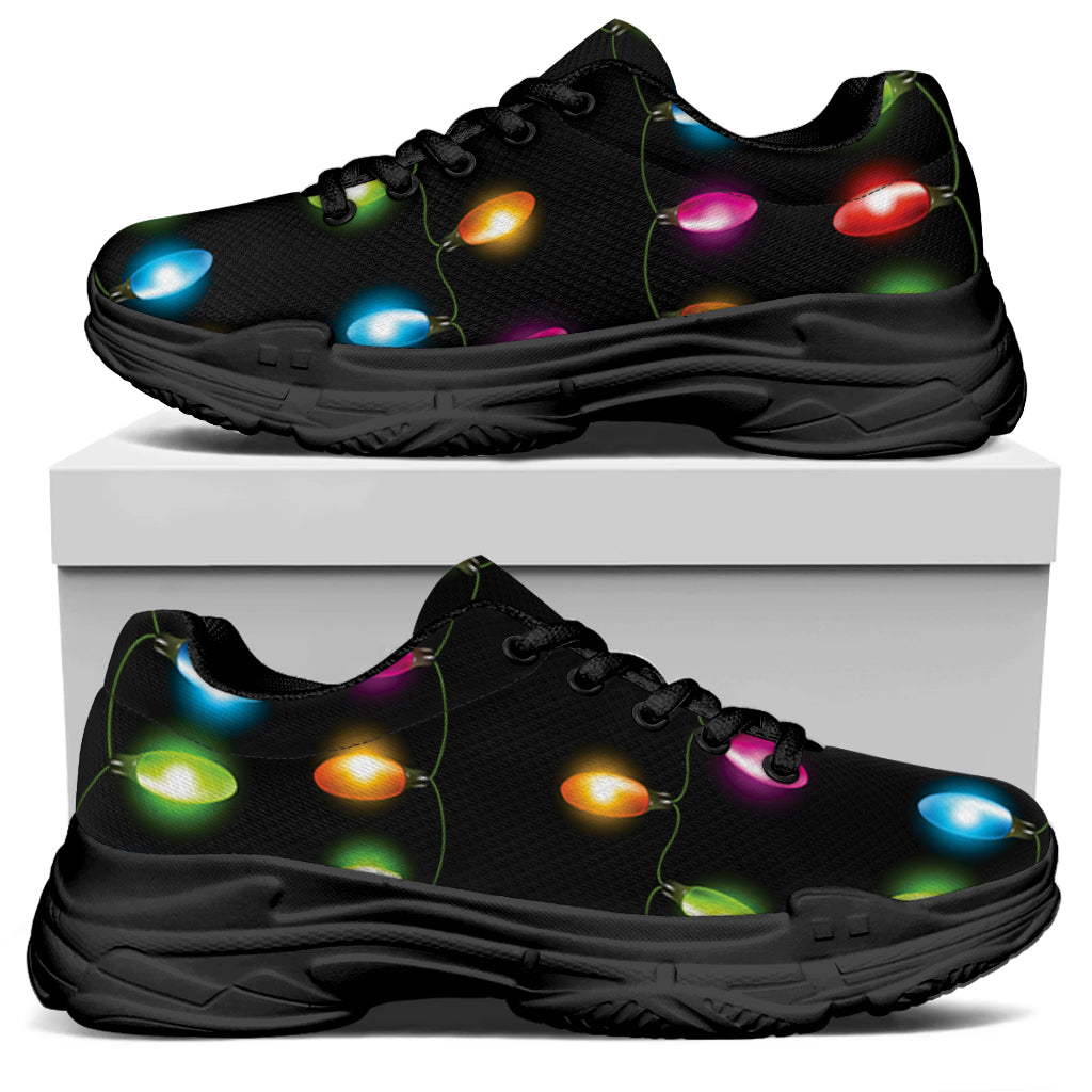 Colorful Christmas Lights Print Black Chunky Shoes