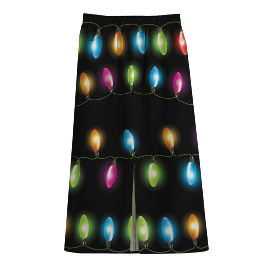 Colorful Christmas Lights Print Cotton Front Slit Maxi Skirt