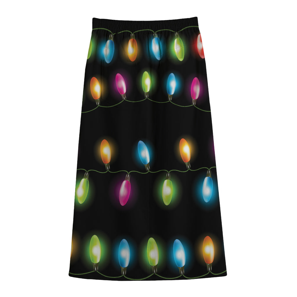 Colorful Christmas Lights Print Cotton Front Slit Maxi Skirt