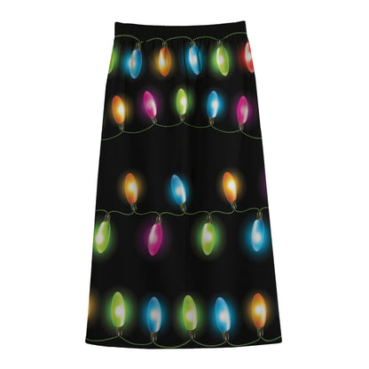 Colorful Christmas Lights Print Cotton Front Slit Maxi Skirt