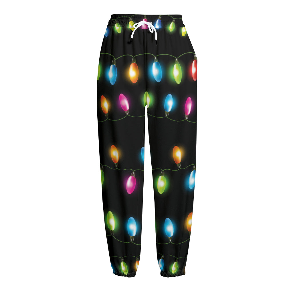Colorful Christmas Lights Print Fleece Lined Knit Pants