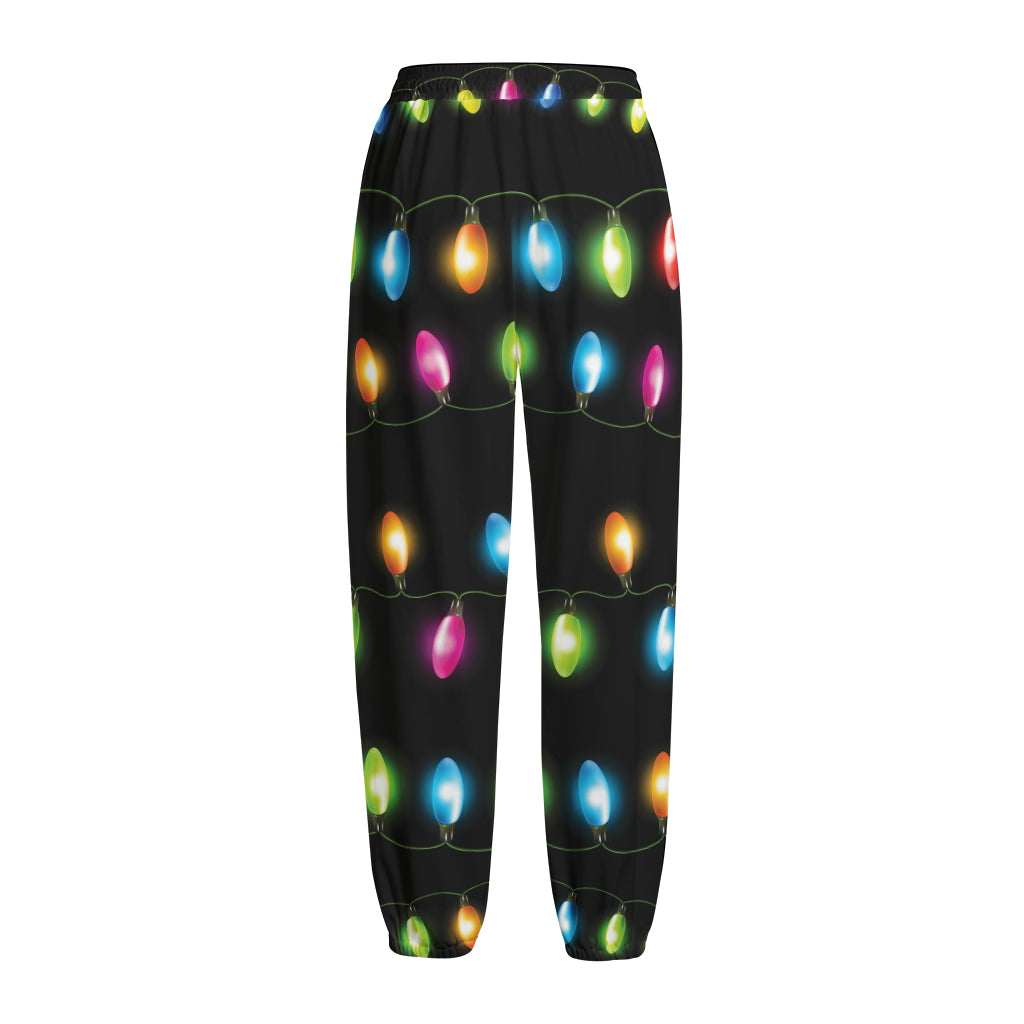 Colorful Christmas Lights Print Fleece Lined Knit Pants