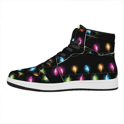 Colorful Christmas Lights Print High Top Leather Sneakers