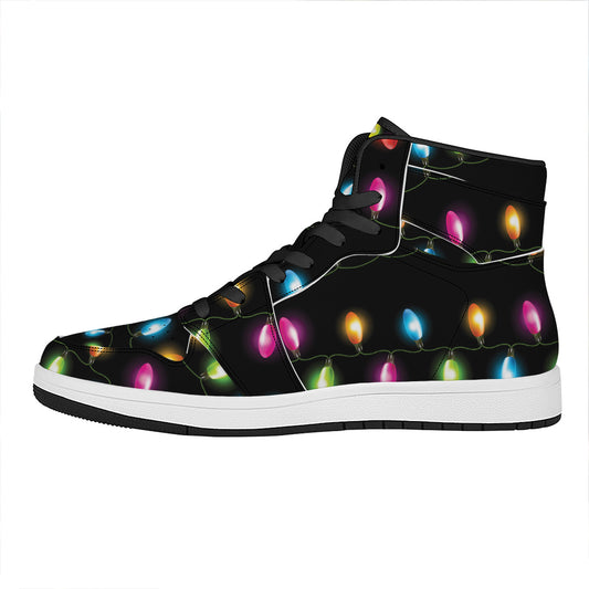 Colorful Christmas Lights Print High Top Leather Sneakers