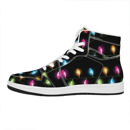 Colorful Christmas Lights Print High Top Leather Sneakers