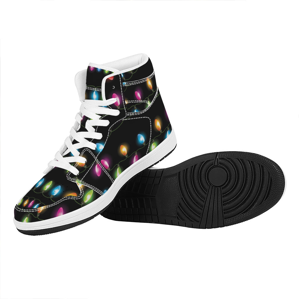 Colorful Christmas Lights Print High Top Leather Sneakers