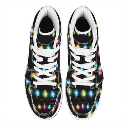 Colorful Christmas Lights Print High Top Leather Sneakers