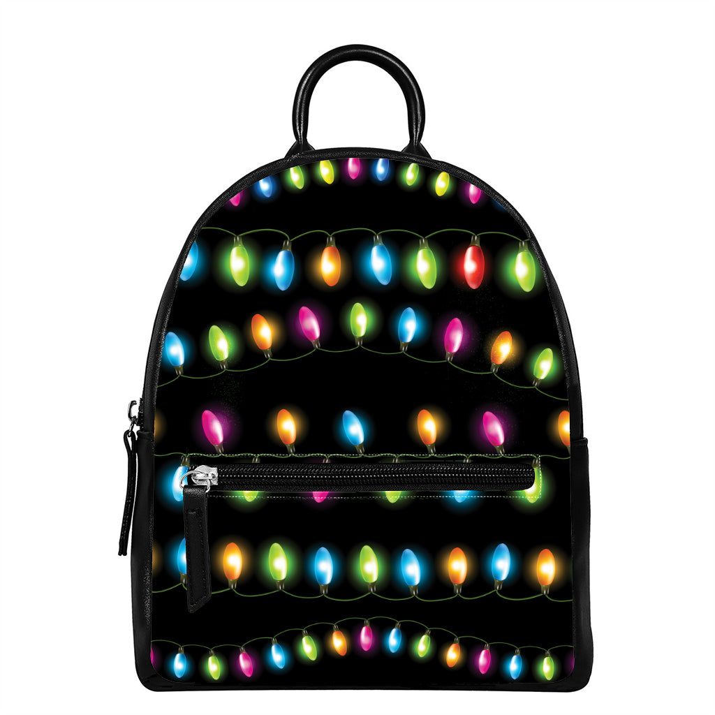 Colorful Christmas Lights Print Leather Backpack