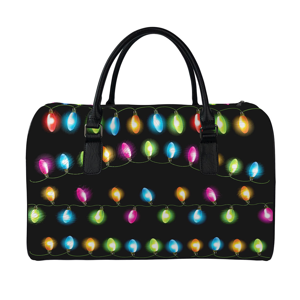 Colorful Christmas Lights Print Leather Duffle Bag