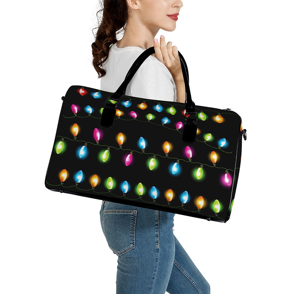 Colorful Christmas Lights Print Leather Duffle Bag