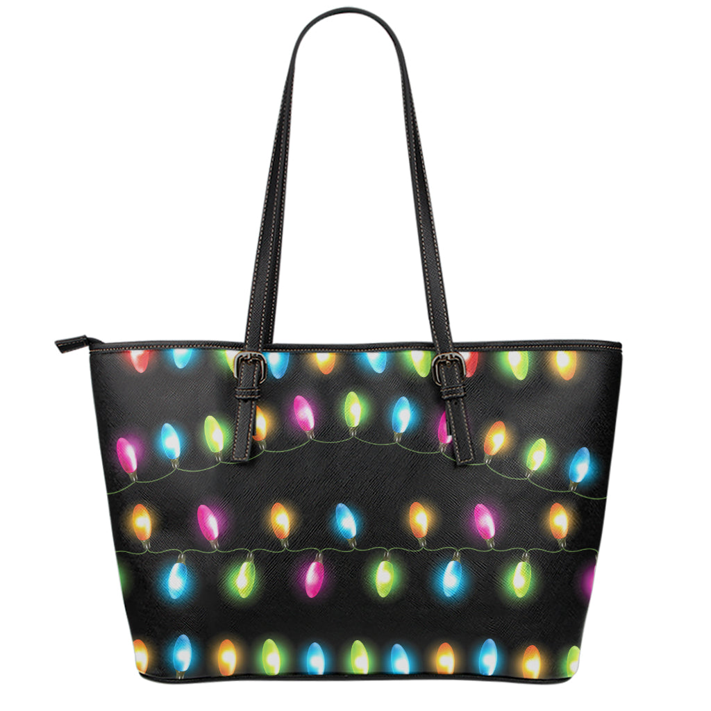 Colorful Christmas Lights Print Leather Tote Bag