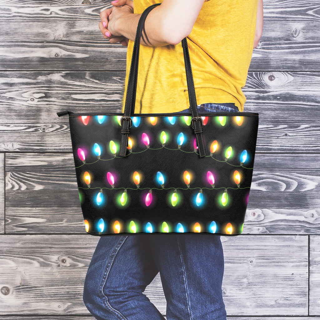 Colorful Christmas Lights Print Leather Tote Bag