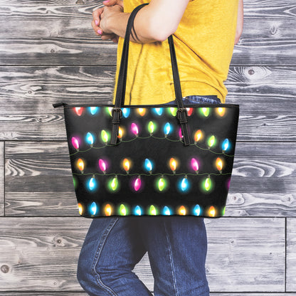 Colorful Christmas Lights Print Leather Tote Bag