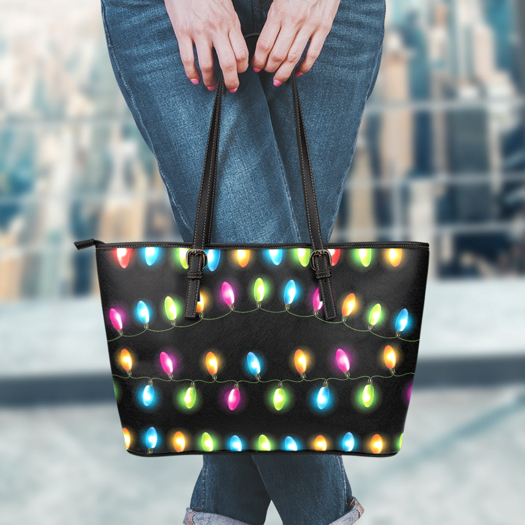 Colorful Christmas Lights Print Leather Tote Bag
