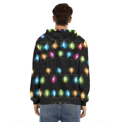 Colorful Christmas Lights Print Men's Velvet Pullover Hoodie