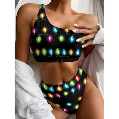 Colorful Christmas Lights Print One Shoulder Bikini Top