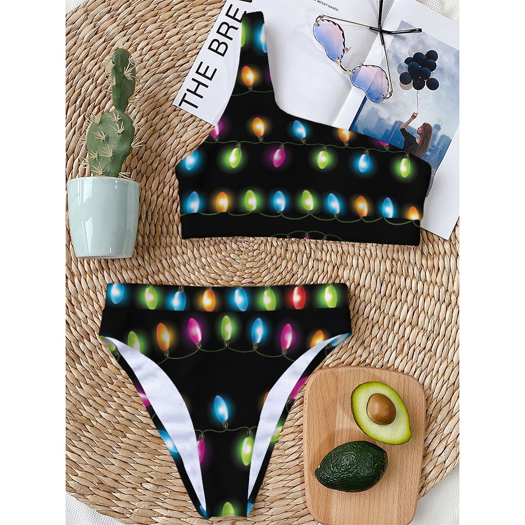 Colorful Christmas Lights Print One Shoulder Bikini Top