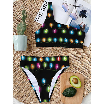 Colorful Christmas Lights Print One Shoulder Bikini Top