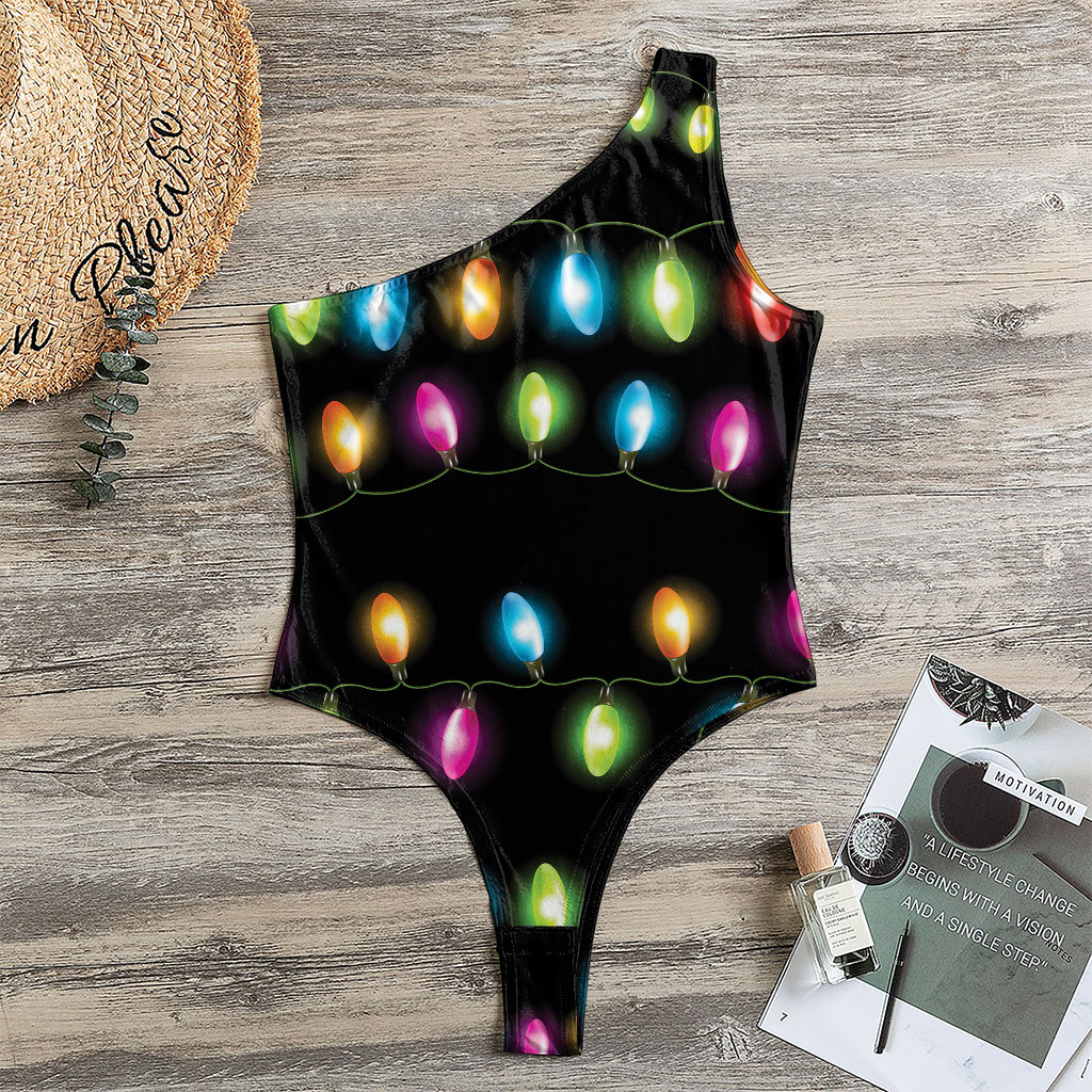 Colorful Christmas Lights Print One Shoulder Bodysuit