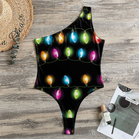 Colorful Christmas Lights Print One Shoulder Bodysuit