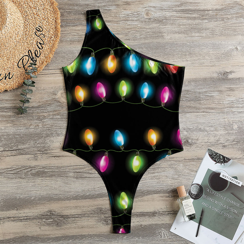 Colorful Christmas Lights Print One Shoulder Bodysuit