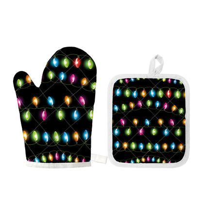 Colorful Christmas Lights Print Oven Mitt And Pot Holder Set