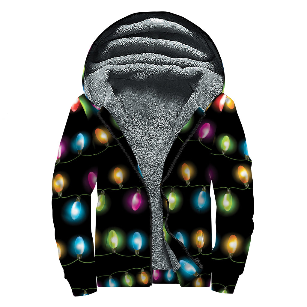 Colorful Christmas Lights Print Sherpa Lined Zip Up Hoodie