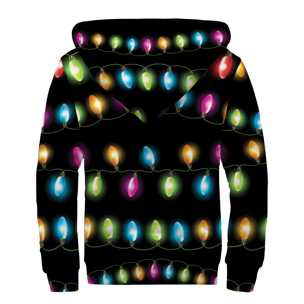 Colorful Christmas Lights Print Sherpa Lined Zip Up Hoodie