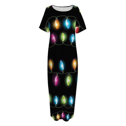 Colorful Christmas Lights Print Short Sleeve Long Nightdress
