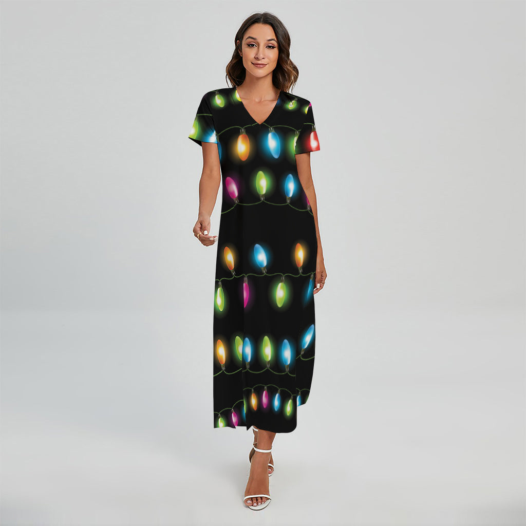 Colorful Christmas Lights Print Short Sleeve Maxi Dress