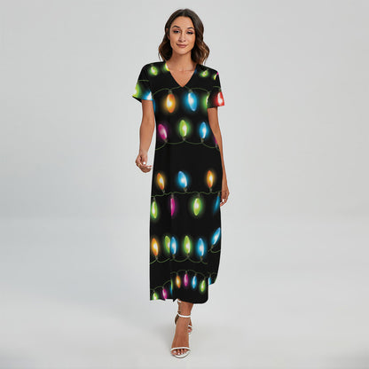 Colorful Christmas Lights Print Short Sleeve Maxi Dress