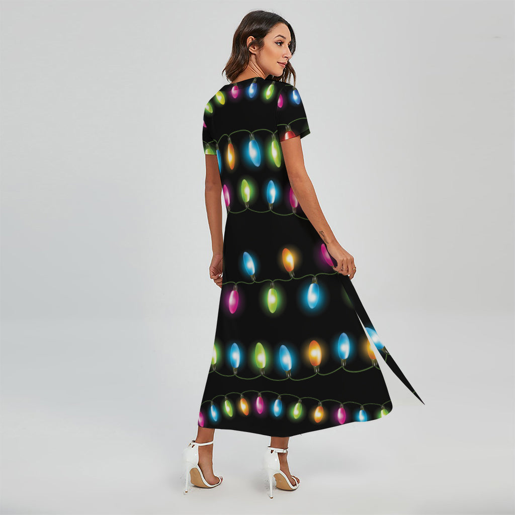 Colorful Christmas Lights Print Short Sleeve Maxi Dress
