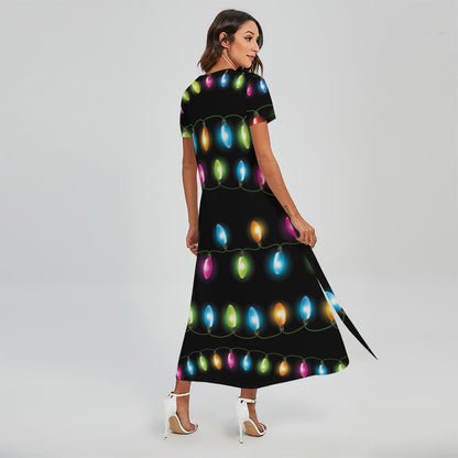 Colorful Christmas Lights Print Short Sleeve Maxi Dress
