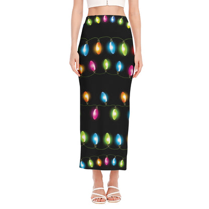 Colorful Christmas Lights Print Side Slit Maxi Skirt