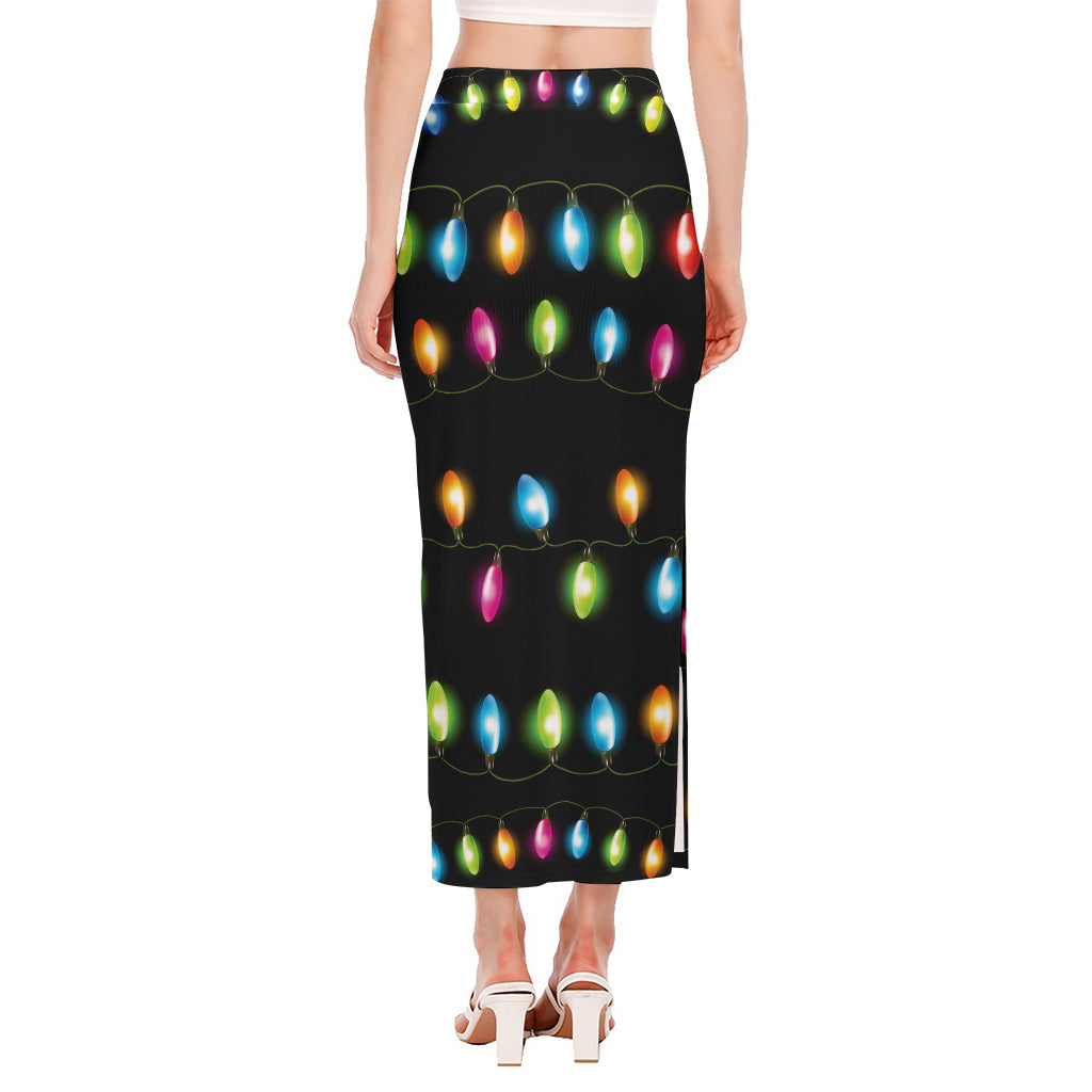 Colorful Christmas Lights Print Side Slit Maxi Skirt