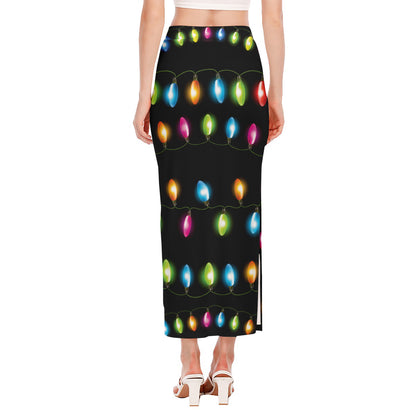Colorful Christmas Lights Print Side Slit Maxi Skirt