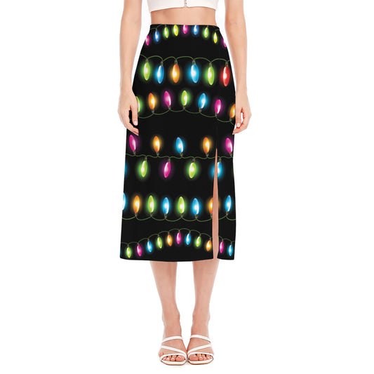 Colorful Christmas Lights Print Side Slit Midi Skirt