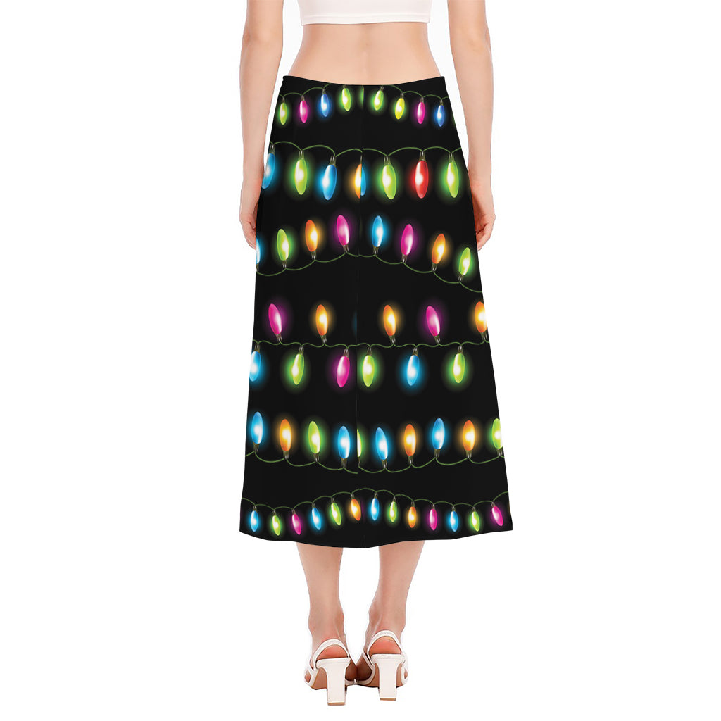 Colorful Christmas Lights Print Side Slit Midi Skirt