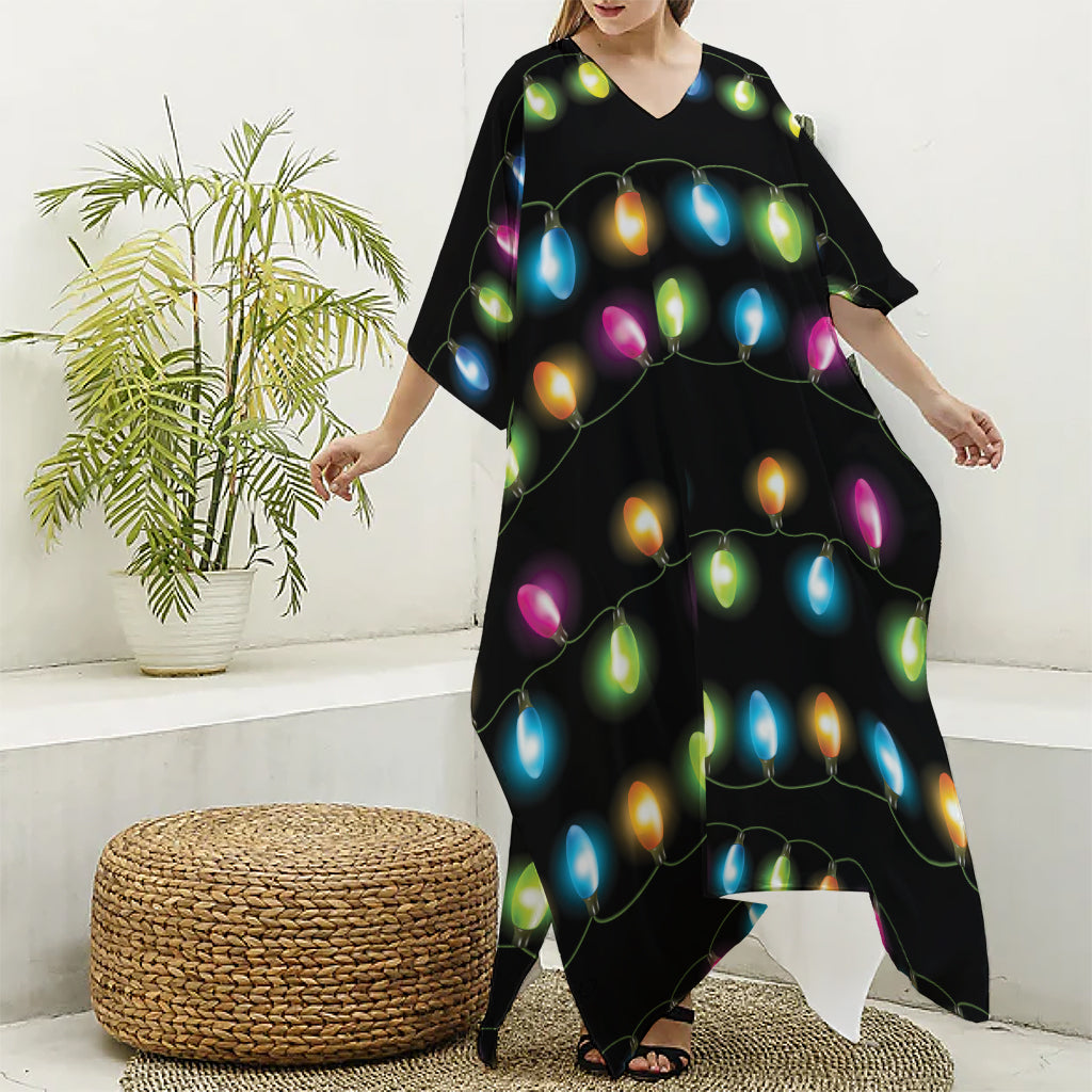 Colorful Christmas Lights Print Silk V-Neck Kaftan Dress