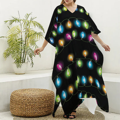 Colorful Christmas Lights Print Silk V-Neck Kaftan Dress