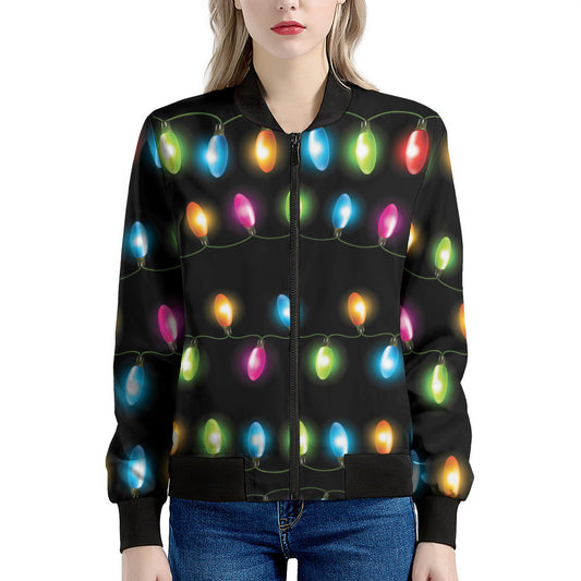 Colorful Christmas Lights Print Women's Bomber Jacket