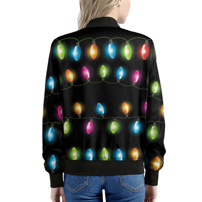 Colorful Christmas Lights Print Women's Bomber Jacket