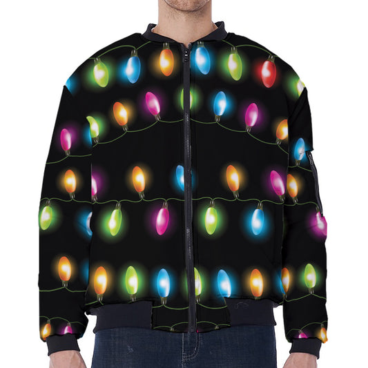 Colorful Christmas Lights Print Zip Sleeve Bomber Jacket